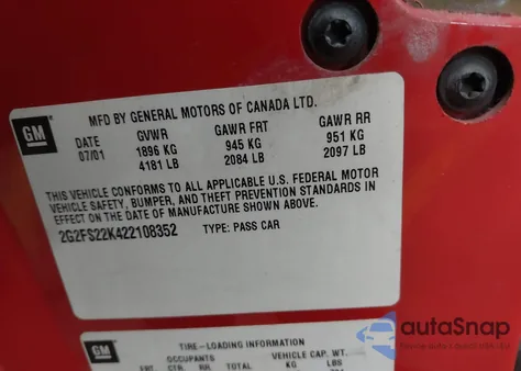 2002 Pontiac Firebird z USA, uszkodzony, nr VIN 2G2FS22K422108352